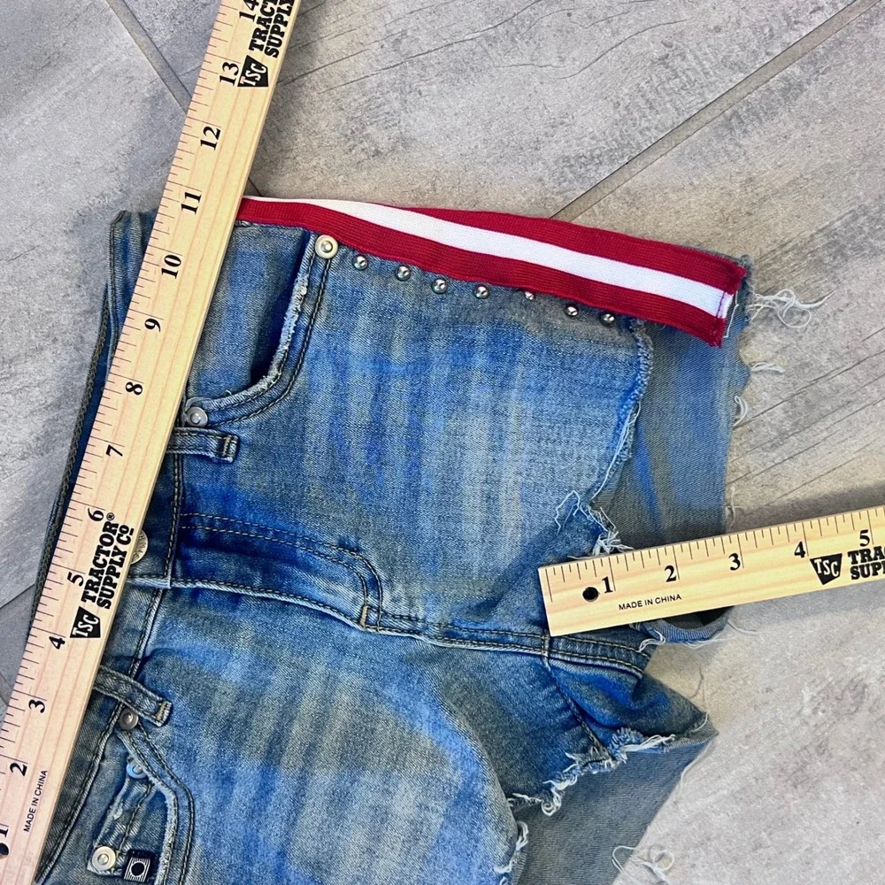 AG Girls Size12 cut off denim jean shorts with red & white stripe & studs. High/